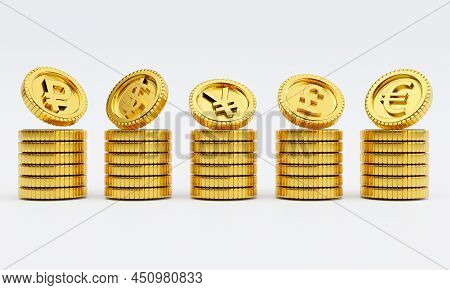 Isolate Of Main Currency On Golden Coin Stacking Include Dollar Euro Pound Sterling Yen Yuan And Rub