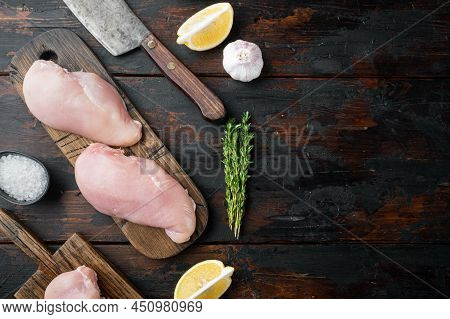 Crispy Garlicky Chicken Raw Ingredient,  On Dark Wooden Background, Top View  With Copy Space