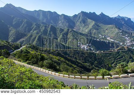 Driving On Narrow Road In Anaga National Park Near Tanagana Village, North Of Tenerife, Canary Islan