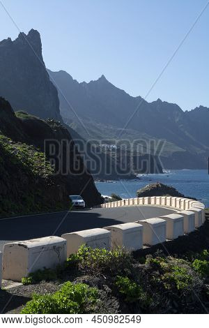 Coatal Road Near Playa Del Roque De Las Bodegas And Blue Atlantic Ocean, Anaga National Park Near Ta