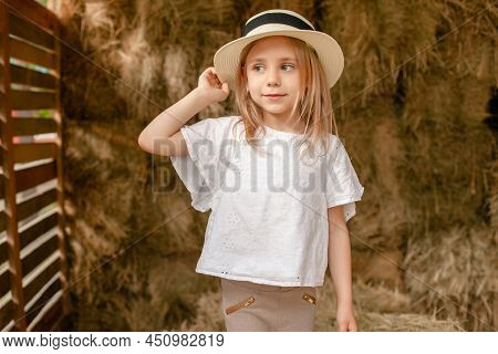 Romantic Tween Girl Standing On Hayloft On Sunny Summer Day