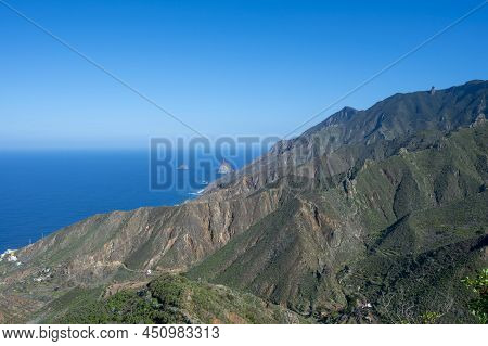 Panoramic View On Green Mountains And Blue Atlantic Ocean, Anaga National Park Near Tanagana Village