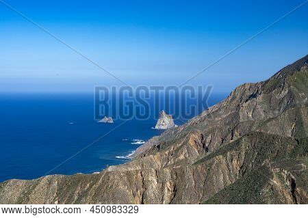 Panoramic View On Green Mountains And Blue Atlantic Ocean, Anaga National Park Near Tanagana Village