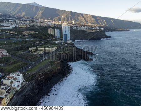 Aerial View On Colorful Houses And Top Of Mount Teide In Puerto De La Cruz, Tenerife, Canary Islands