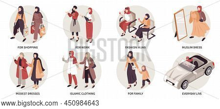 Muslim Fashion Isometric Compositions With Women Dressed In Modest Islamic Clothing And Hijab Isolat