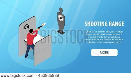 Isometric Shooting Range Horizontal Banner With Human Character Firing Gun To Placard Target With Ed