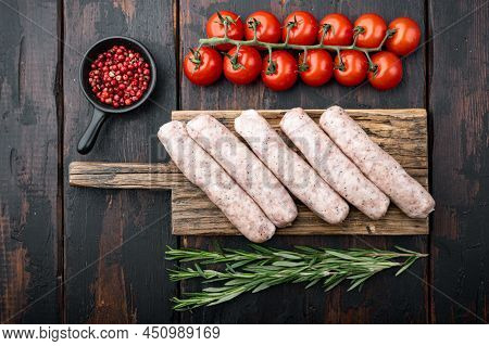 Traditional Mest Sausages, Flat Lay, On Old Dark Wooden Background.
