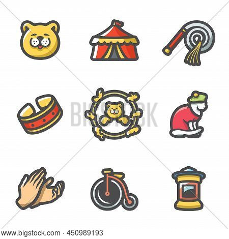 Vector Set Of Cat Circus Icons. Kitty, Tent, Whip, Collar, Stunt, Applause, Bicycle, Poster.