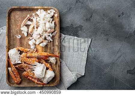 Boiled Crab Food Set, On Gray Background, Top View Flat Lay , With Copyspace  And Space For Text
