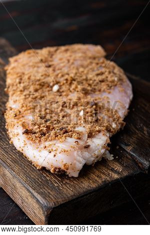 Crispy Garlicky Chicken Raw Ingredient,  On Wooden Table