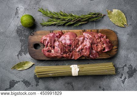 Fresh Chicken Liver, Raw Offal, Ingredients Set, On Gray Stone Table Background, Top View Flat Lay