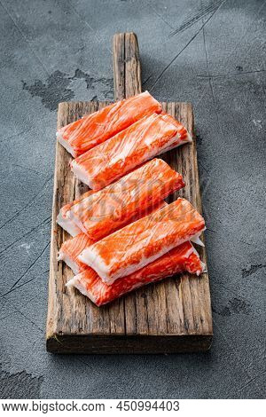 Crab Sticks Seafood Semi Finished Fish Mince With Blue Swimming Crab Set, On Wooden Cutting Board, O