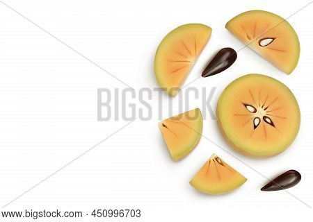 Sapodilla Slices Isolated On White Background With Clipping Path And Full Depth Of Field. Top View W