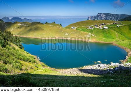 Lac De Lessy And Mountain Landscape In The Grand-bornand, Haute-savoie, France