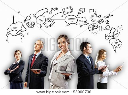 Image of young businesspeople team. Collage background