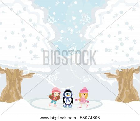 Girls On Skates And Sweet Penguin