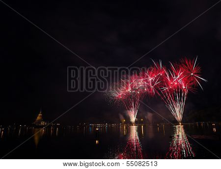 Firework With Pagoda At  Sukothai Thailand