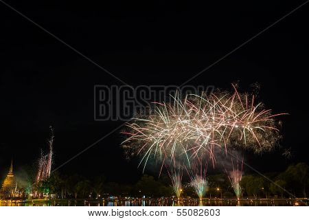 Firework With Pagoda At Sukothai Thailand