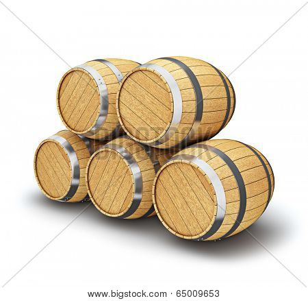 Wooden oak brandy wine storage beer barrels isolated on white background