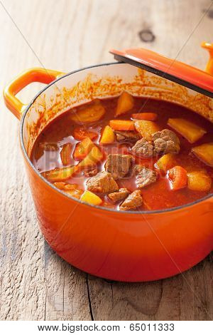 beef stew with potato and carrot in red casserole