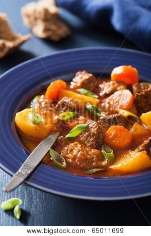 beef stew with potato and carrot in blue plate 