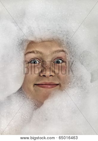 Happy Baby In The Bath, Swimming In The Foam