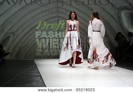ZAGREB, CROATIA - MAY 09: Fashion model wearing clothes designed by Avaro Figlio on the Zagreb Fashion Week on May 09, 2014 in Zagreb, Croatia.