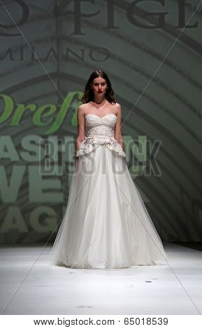 ZAGREB, CROATIA - MAY 09: Fashion model wearing clothes designed by Avaro Figlio on the Zagreb Fashion Week on May 09, 2014 in Zagreb, Croatia.