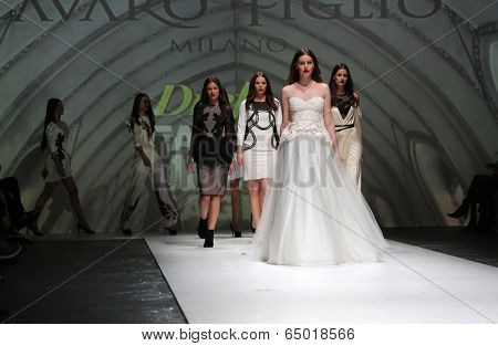 ZAGREB, CROATIA - MAY 09: Fashion model wearing clothes designed by Avaro Figlio on the Zagreb Fashion Week on May 09, 2014 in Zagreb, Croatia.