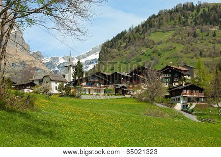 Inden church and surrounding village, Canton of Valais, Switzerland