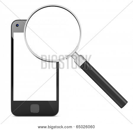 Smart phone research and magnifying glass.