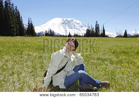 Young Beautiful Girl On The Hiking Trail. Mt Rainer, Washington