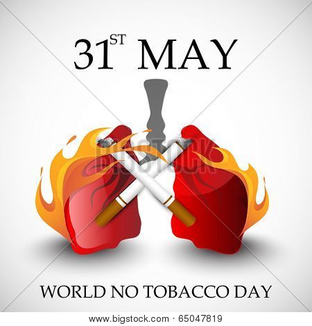 Poster, banner or flyer design for World No Tobacco Day with human lungs in fire and cigarette on grey background.