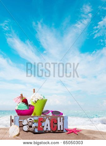Gourmet tropical icecream dessert served alongside a sunny summer beach in an elegant dish