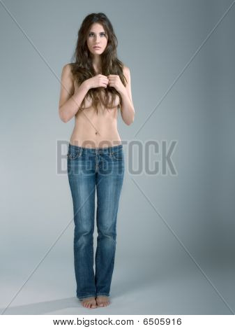 Sexy Sensual Topless Fashion Model Woman In Jeans