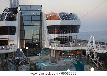 AT SEA, MEDITERRANEAN SEA - JUNE 16, 2012: Overview of the Pool Deck Area of MSC Splendida. MSC Cruises is one of largest cruise operators in the world.