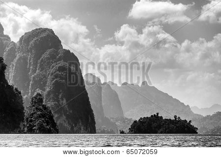 Rocky tropical landscape in the Chiew Lan Lake, Khao Sok national park, Thailand