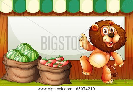 Illustration of an empty template at the back of the lion selling fruits