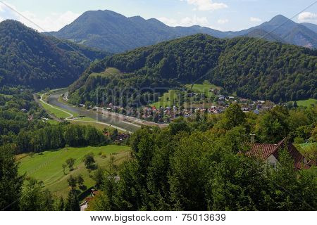 View of Savinja river and Lasko valley from medieval Celje castle in Slovenia