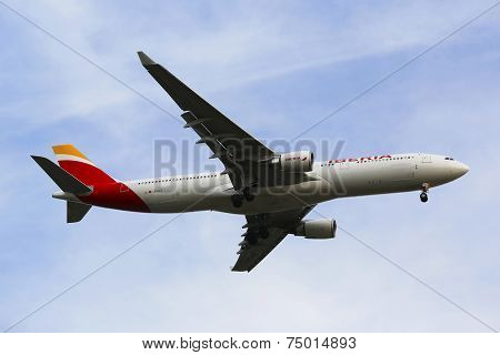 Iberia Airline Airbus A330 in New York sky before landing at JFK Airport