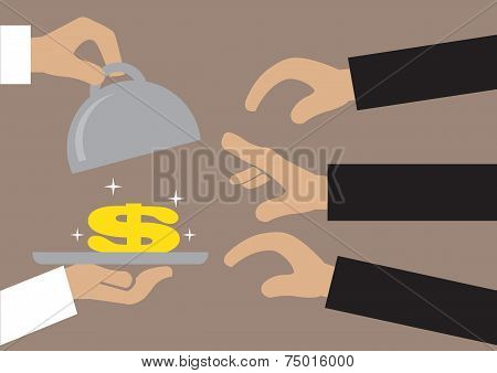 Hands Reaching For Money Served In A Tray