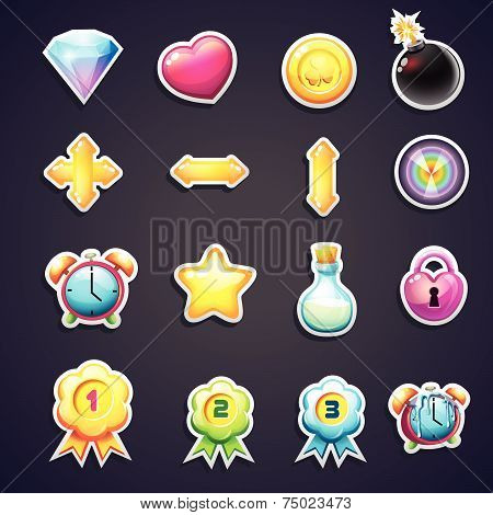 Set of cartoon icons for the user interface of computer games