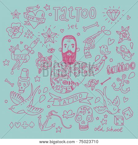 Stylish tattoo vector set. Cute vintage collection of tattoo - heart, pigeon, anchor, diamond, flower, dice, pistol and others