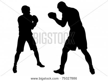 Silhouette of boxers during a fight on a white background