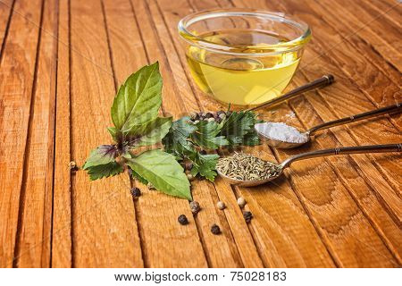 spices, herbs on wooden table