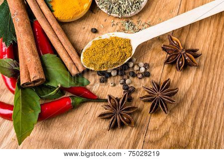 spices, cinnamon and pepper on wooden table