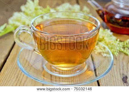 Tea from fresh meadowsweet in glass cup and teapot