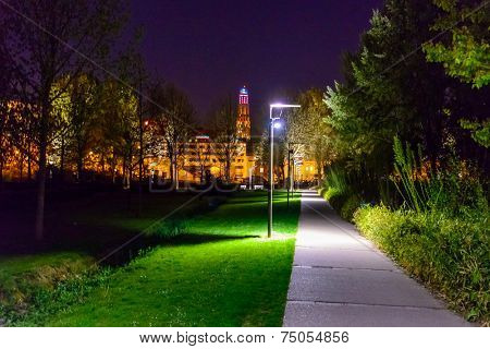 A Night in the Park. Late Spring Night in the Park. Stone Stairs and Park Alley. Horizontal Photography. Central Europe. France. Paris. Amiens.