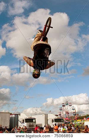 Man Flips Upside Down Performing Bmx Stunt At Fair