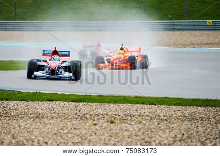 ASSEN, NETHERLANDS - OCTOBER 19, 2014: Team Great Britain in the lead, followed by Team Holland during the final race of the Formula A1 GP Acceleration tour.